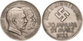 Drittes Reich
 Silbermedaille 1933 (F.W. Hörnlein) Machtergreifung durch Adolf Hitler. Brustbilder Hitlers und Hindenburgs nebeneinander nach rechts ...