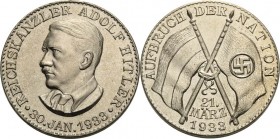 Drittes Reich
 Versilberte Bronzemedaille 1933. Auf den Tag von Potsdam. Brustbild nach links / Deutsche Fahne und Hakenkreuzfahne gekreuzt. 33,5 mm,...