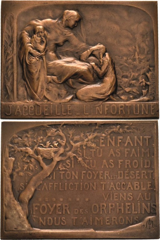 Jugendstil
 Bronzeplakette 1916 (Jacques Marin) Sitzende Frauengestalt, mit Kle...