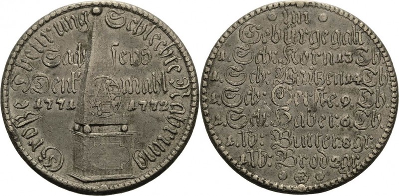 Not und Teuerung
 Zinnmedaille 1772 (unsigniert) Auf die große Teuerung in Sach...