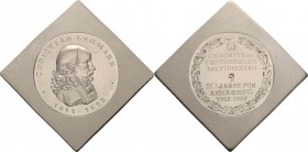 König, Helmut 1934-2017 Aluminiumklippe 1988. 20 Jahre Fachgruppe Numismatik Annaberg und 300. Todestag von Christian Lehmann. Brustbild des Chroniste...
