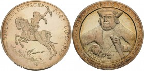 König, Helmut 1934-2017 Silbermedaille 1990. 500 Jahre Deutsche Post. Nach links galoppierender Postreiter, in seiner Rechten eine Peitsche hochhalten...