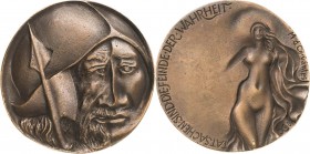 Kowalski, Klaus Bronzegussmedaille 1984. Cervantes - Tatsachen sind die Feinde der Wahrheit. Ritterkopf mit einem jungen und alten Gesicht / Frauenakt...