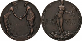 Lindl, Hans 1885-1946 Bronzegussmedaille o.J. Auszeichnung der Schwimmabteilung D. T. U. Sp. V. Jahn. Zwei Männer reichen sich die Hände / Nackte Frau...