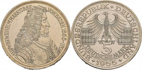 Gedenkmünzen
 5 DM 1955 G Markgraf von Baden Jaeger 390 Kl. Randfehler, fast vorzüglich/vorzüglich-Stempelglanz