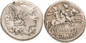 Römische Republik
M. Atilius Serranus 148 v. Chr Denar Romakopf mit geflügeltem Greifenhelm nach rechts, davor Wertzeichen X / Die Dioskuren mit Lanz...