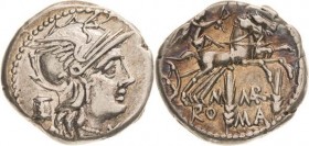 Römische Republik
M. Marcius 134 v. Chr Denar Auf die erste öffentliche Kornverteilung. Romakopf nach rechts, dahinter Modius / Victoria in Biga nach...
