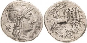 Römische Republik
P. Maenius Antiaticus 132 v. Chr Denar Romakopf mit geflügeltem Greifenhelm nach rechts, dahinter Wertzeichen X / Victoria mit Palm...