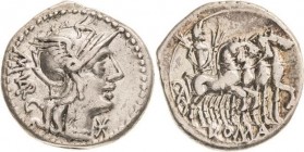 Römische Republik
M. Vargunteius 130 v. Chr Denar Romakopf mit geflügeltem Greifenhelm nach rechts, davor Wertzeichen, M VARG / Jupiter mit Zweig und...