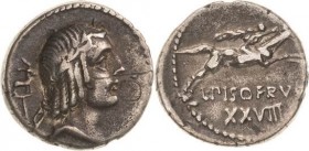 Römische Republik
L. Calpurnius Piso Frugi 90 v. Chr Denar Apollonkopf mit Lorbeerkranz nach rechts, davor R, dahinter Beizeichen / Reiter nach recht...