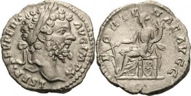 Kaiserzeit
Septimius Severus 193-211 Denar 197/198, Rom Kopf mit Lorbeerkranz nach rechts, L SEPT SEV PERT AVG IMP X / Fortuna sitzt nach links, FORT...