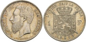 Belgien-Königreich
Leopold II. 1865-1909 Franc 1866, Brüssel KM 28.1 Morin 161 Feine Patina, vorzüglich/vorzüglich-Stempelglanz