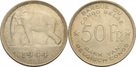 Belgisch-Kongo
Leopold III. 1934-1950 50 Francs 1944. Elefant KM 27 Davenport 11 Vorzüglich-Stempelglanz