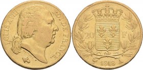 Frankreich
Ludwig XVIII. 1814, 1815-1824 20 Francs 1818, A-Paris Gadoury 1028 Schlumberger 139 Friedberg 538 GOLD. 6.36 g. Kl. Prüfspur am Rand, sehr...