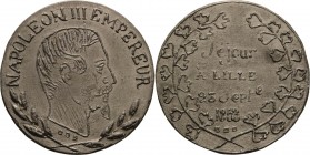 Frankreich
Napoleon III. 1852-1870 Zinnmedaille 1853. Auf seinen Aufenthalt in Lille. Kopf nach rechts / 4 Zeilen Schrift im Eichenkranz. 54,5 mm, 32...