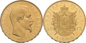 Frankreich
Napoleon III. 1852-1870 50 Francs 1855, A-Paris Gadoury 1111 Schlumberger 268 Friedberg 571 GOLD. 16.12 g. Sehr schön-vorzüglich