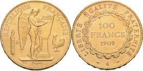 Frankreich
Dritte Republik 1870-1940 100 Francs 1909, A-Paris Gadoury 1137 Friedberg 590 Schlumberger 403 GOLD. 32.25 g. Kl. Randfehler, sehr schön-v...