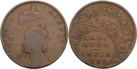 Großbritannien-Britisch Indien
Victoria 1837-1901 1/2 Anna 1862, Madras Mit interessanter Verprägung KM 487 Sehr schön