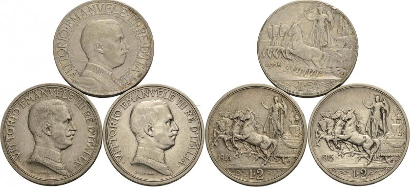 Italien-Königreich
Vittorio Emanuele III. 1900-1946 2 Lire 1908, 1915, 1916. Mo...