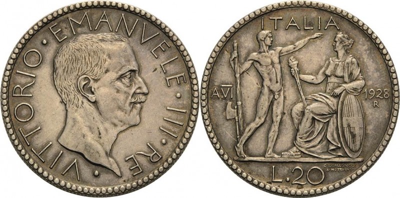 Italien-Königreich
Vittorio Emanuele III. 1900-1946 20 Lire 1928, R-Rom Montene...