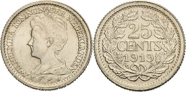 Niederlande-Königreich
Wilhelmina I. 1890-1948 25 Cent 1919. Schulman 869 KM 14...