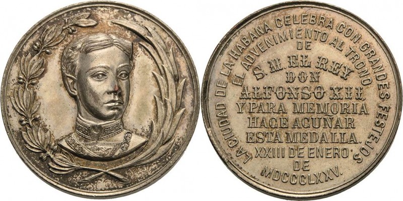 Spanien
Alfons XII. 1874-1885 Versilberte Bronzemedaille 1875. Auf seine Thronb...