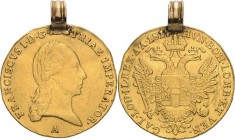 Kaiserreich Österreich
Franz I. 1804-1835 Dukat 1817, A-Wien An altem Henkel Jaeger 164 Friedberg 464 Schlumberger 114 GOLD. 3.61 g. Leicht gewellt, ...
