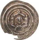Anhalt, Brakteatenzeit
Bernhard 1170-1212 Brakteat, Wittenberg oder Aken Kopf des Herzogs unter einem Giebel mit Lilie zwischen zwei Türmen, darunter...