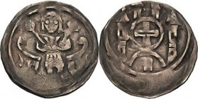 Brandenburg, Markgrafschaft
Johann I. und Otto III. 1220-1267 Denar um 1260. Von vorn stehender geflügelter Markgraf hält zwei Zepter / Kreuz im Krei...