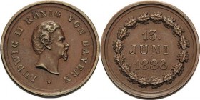 Bayern
Ludwig II. 1864-1886 Kleine Bronzemedaille 1886 (Lauer) Auf seinen Tod. Kopf nach rechts / 3 Zeilen Schrift im Eichenkranz. 18 mm, 2,17 g Klos...
