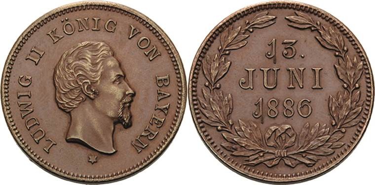 Bayern
Ludwig II. 1864-1886 Kleine Bronzemedaille 1886 (unsigniert) Auf seinen ...