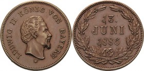 Bayern
Ludwig II. 1864-1886 Kleine Bronzemedaille 1886 (unsigniert) Auf seinen Tod. Kopf nach rechts / 3 Zeilen Schrift im Lorbeerkranz. 24 mm, 5,18 ...