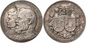 Bayern
Ludwig III. 1913-1918 Silbermedaille 1918 (Lauer) Goldene Hochzeit des Königspaares. Brustbilder des Jubelpaares nebeneinander nach links / Zw...