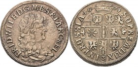 Brandenburg-Preußen
Friedrich Wilhelm, der große Kurfürst 1640-1688 1/3 Taler 1674, CV-Königsberg v. Schrötter 707 Neumann 11.63 c Rauer Schrötling, ...