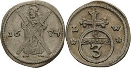 Braunschweig-Calenberg-Hannover
Johann Friedrich 1665-1679 3 Pfennig 1674, LW-Clausthal Ausbeute der St. Andreas Grube Welter 1817 Müseler 10.4.2./27...