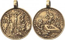 Erzgebirge
 Vergoldete Silbergussmedaille o.J. Kalvarienbergszene, ALS DIE STERBENDEN, GEDVLT / Christi Auferstehung, VND SIEHE : WIR LEBEN . 2 COR ....