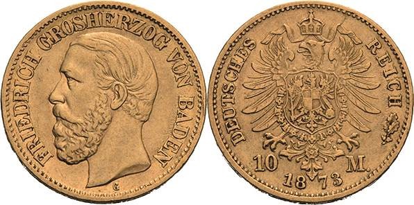 Baden
Friedrich I. 1856-1907 10 Mark 1873 G Jaeger 183 Randfehler, sehr schön