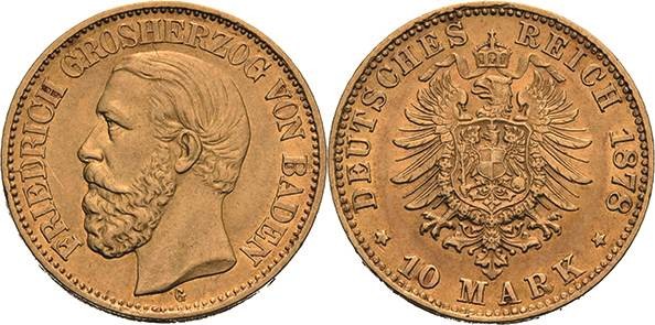 Baden
Friedrich I. 1856-1907 10 Mark 1878 G Jaeger 186 Avers kl. Kratzer, vorzü...