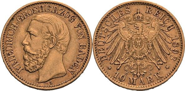 Baden
Friedrich I. 1856-1907 10 Mark 1893 G Jaeger 188 Sehr schön-vorzüglich