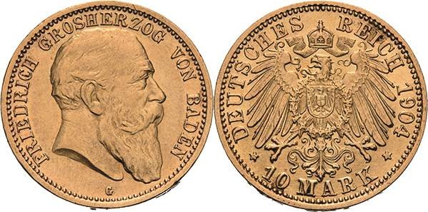 Baden
Friedrich I. 1856-1907 10 Mark 1904 G Jaeger 190 Sehr schön/fast vorzügli...
