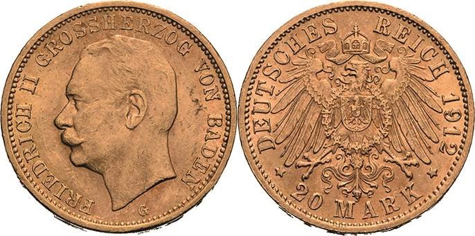 Baden
Friedrich II. 1907-1918 20 Mark 1912 G Jaeger 192 Sehr schön-vorzüglich/v...