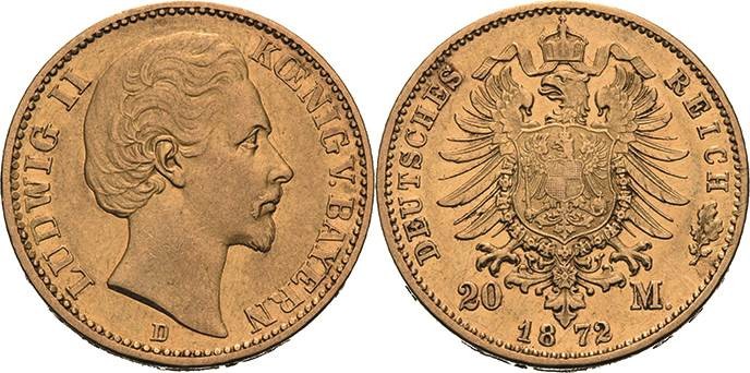 Bayern
Ludwig II. 1864-1886 20 Mark 1872 D Jaeger 194 Kl. Kratzer, sehr schön-v...