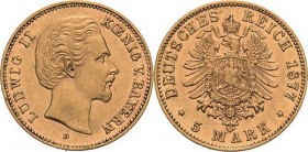 Bayern
Ludwig II. 1864-1886 5 Mark 1877 D Jaeger 195 Kl. Randfehler, fast vorzüglich/vorzüglich