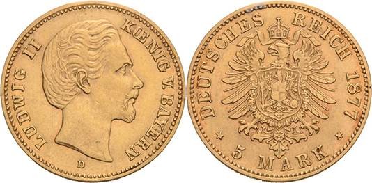 Bayern
Ludwig II. 1864-1886 5 Mark 1877 D Jaeger 195 Kl. Henkelspur, sehr schön...