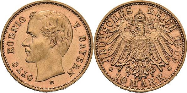 Bayern
Otto 1886-1913 10 Mark 1909 D Jaeger 201 Fast vorzüglich/vorzüglich