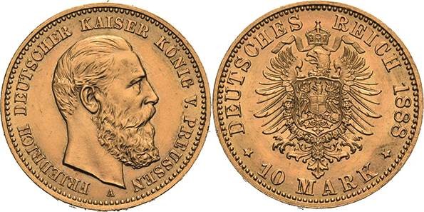 Preußen
Friedrich III. 1888 10 Mark 1888 A Jaeger 247 Vorzüglich-Stempelglanz/S...