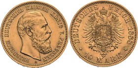 Preußen
Friedrich III. 1888 10 Mark 1888 A Jaeger 247 Vorzüglich-Stempelglanz/Stempelglanz