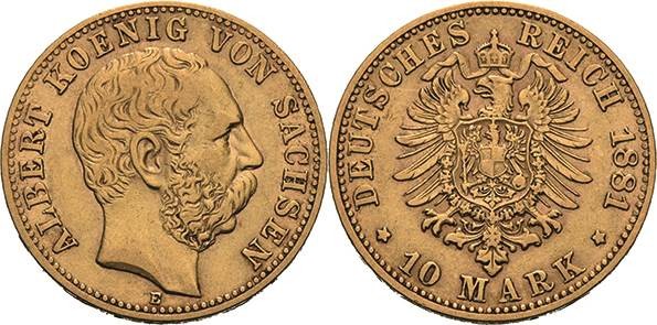 Sachsen
Albert 1873-1902 10 Mark 1881 E Jaeger 261 Sehr schön/sehr schön+