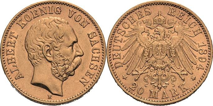 Sachsen
Albert 1873-1902 20 Mark 1894 E Jaeger 264 Sehr schön-vorzüglich