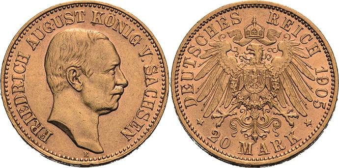 Sachsen
Friedrich August III. 1904-1918 20 Mark 1905 E Jaeger 268 Kl. Randfehle...